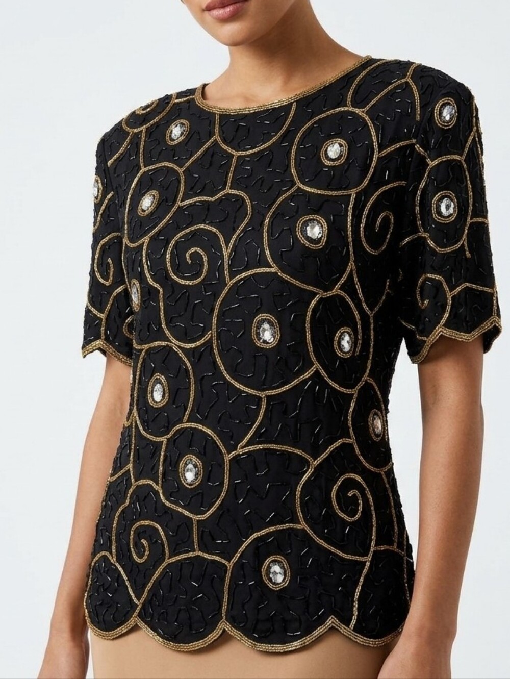 Silk Vintage Top Mark & John by Gopal black gold beaded sequins Large New Years